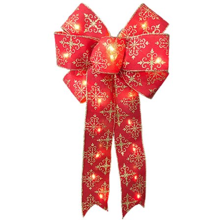 Julgranspynt med LED-ljus, snöflingemönster, dekorativ stor rosett, juldekorationer