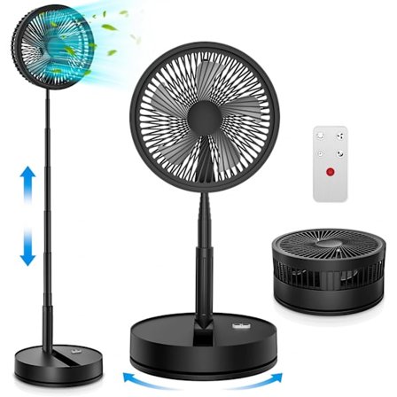 Hiljainen kannettava jalustatuuletin, 9'' musta tuuletin kaukosäätimellä, 4 nopeutta, 7200mAh USB ladattavat kokoontaitettavat tuulettimet