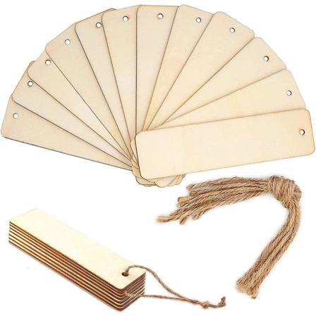 12 st tomma träbokmärken ofärdiga DIY trä hantverk bokmärke hängande trätaggar med hål och rep för roman bibelläsning DIY bröllop födelsedag