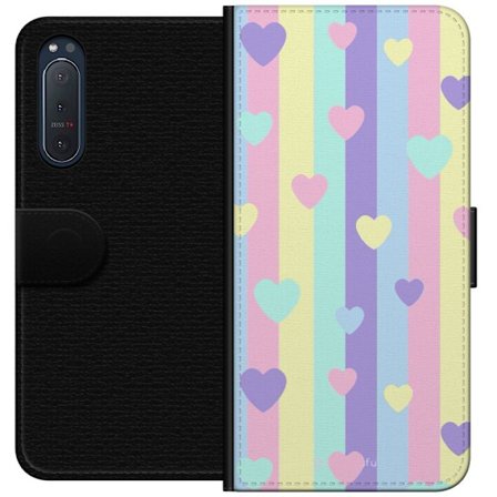 Kompatibelt Lommeboketui til Sony Xperia 5 II Pastellstriper i rosa, gul, lilla og blå med spredte hjerter i myk kawaii-stil.