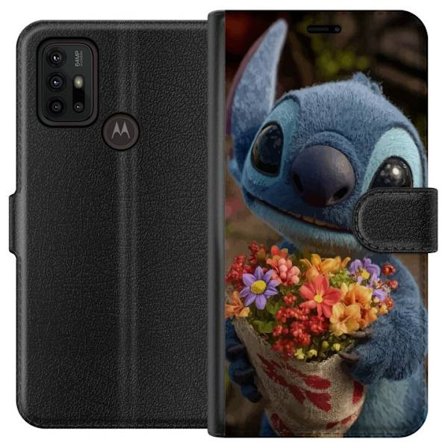 Kompatibel Tegnebogsetui til Motorola Motorola Moto G30 Sød blå figur med store øjne, der holder en farverig buket i en varm og kær stil