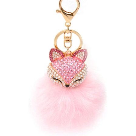 Räv Nyckelring Borr Strass Hänge Pompom Dekoration Hängande Nyckelring Kristall för Plånbok(ljusrosa)