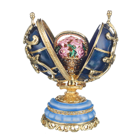 Faberge stil æg Forårsblomster med kurv med blomster 8,5 cm blå