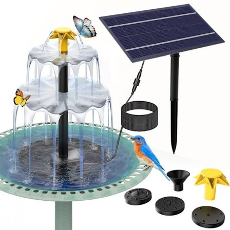 Solcellefontæne til haven – Fuglebadfontæne med 3-lags vandfald, 4 dyser & DIY vandfunktion