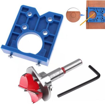 ING Bor Guide - Justerbar Dybde - Egnet for 35mm Hengselhull - Blå - Trebearbeidingsverktøy