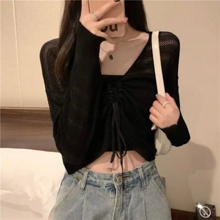 Solskydd Crop Knit Cardigan Tunn Cardigan Coat SVART