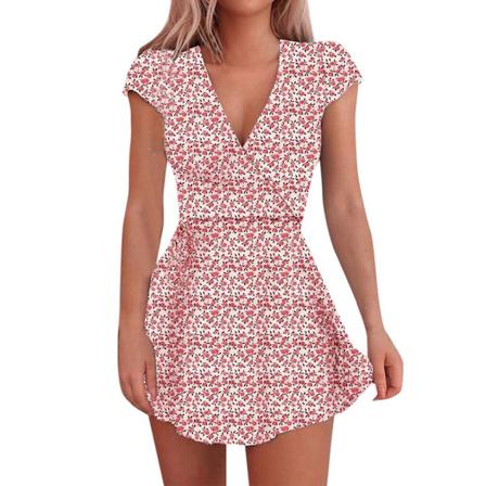 Sommar Sexig Kort Klänning Kvinnor V-neck Slim Print Mini Sun