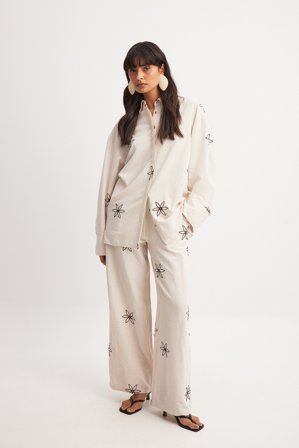 NA-KD Pantalon taille mi-haute à fleur - Pantalons en lin - Beige - EU 34