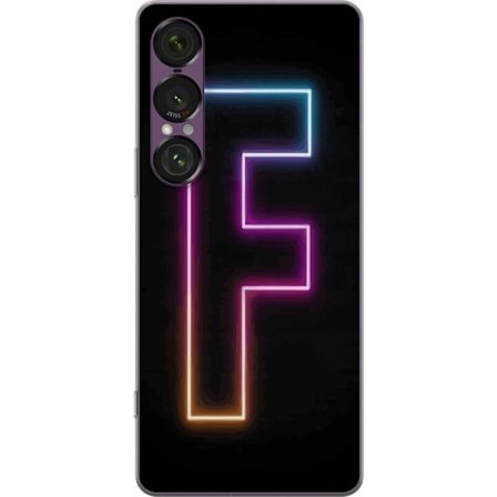 Kompatibel Mobilcover til Sony Sony Xperia 1 VII Neonbogstav F i lyserød, blå og gul lyskanter mod en mørk baggrund, grafisk bogstavillustration me