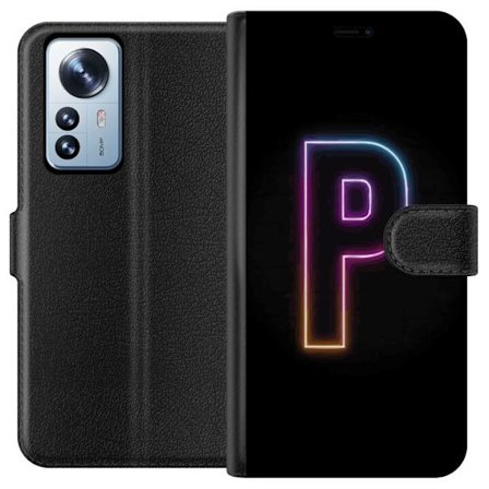 Kompatibel Tegnebogsetui til Xiaomi Xiaomi 12 Pro Minimalistisk neonbogstav P i farvegradient og lyseffekt mod sort baggrund i digital neonstil