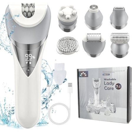 7-i-1 Elektrisk Epilator for Kvinner, Barbermaskin, Bikiniklipper, Ansiktsbarbermaskin, Ansiktsbørste, IPX6, Våt og Tørr (Sølv)
