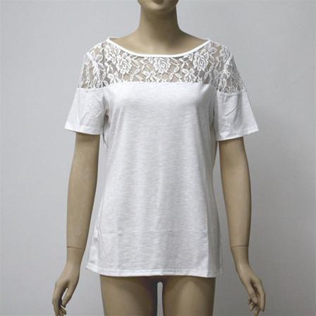 Ladies Lace Patchwork Rundhalsad Lös Kortärmad T-shirt