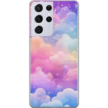 Kompatibelt Mobildeksel til Samsung Galaxy S21 Ultra 5G Søt enhjørning med regnbuefarget hår mot en stjernebelagt pastellbakgrunn i kawaii-stil