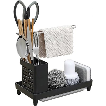 Kjøkkenvaskholder, Kjøkkenvask med Dryppbrett, Oppbevaring for Svamp og Børste, Svart