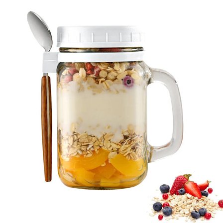 Yoghurtkop overnight havregrynskop, 450ML overnight havregrynsbeholder, syltetøjsglas med låg, med ske, glas havregrynskop, hvid