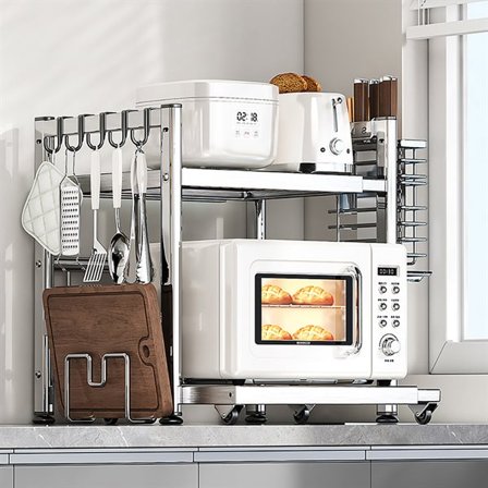 Uttrekkbar Mikrobølgehylle med Hjul – Justerbar Kjøkkenhylle i Stål