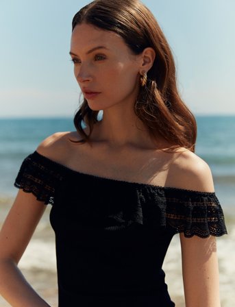 Rosemunde Silk Off Shoulder Top W/ Lace - Black - M