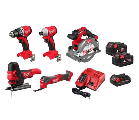 Milwaukee FPP5AB-523B Kombisett med batteri og lader, Maskiner