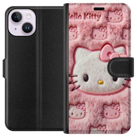 Kompatibelt Lommeboketui til Apple iPhone 14 Hello Kitty rosa fluffy bakgrunn med ikoniskt ansikt og kawaii-estetikk