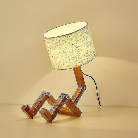 Wooden Robot Shape Folding Table Lamp Bedroom Bedside Night Light Linen Lampshade 5w Bulb (white)