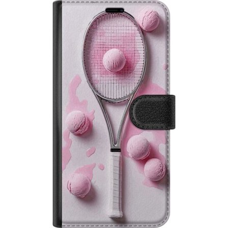 Yhteensopiva Lompakkokotelo Motorola Motorola Edge 40 Pro Ruusunpunaiset lasipallot ja tennismaila luovassa stillikuvassa, jossa on leikkisä pop-tunn