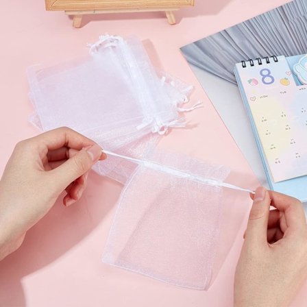 *100 stk. Hvide Organzaposer 17x23cm Gennemsigtige Organzaposer med Snøre*