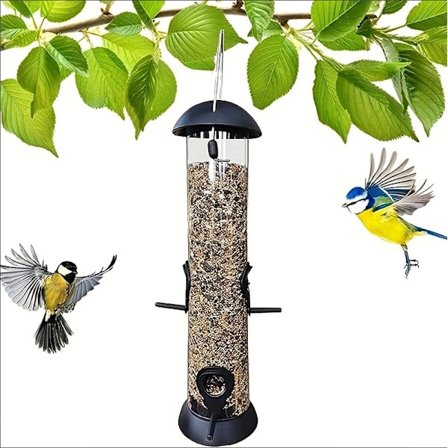 Automatisk hengende fuglemater, ekornsikker, 2 kg kapasitet, grønn utendørs mater, sideåpning med gravitasjonsdesign (svart, 2-pakning)