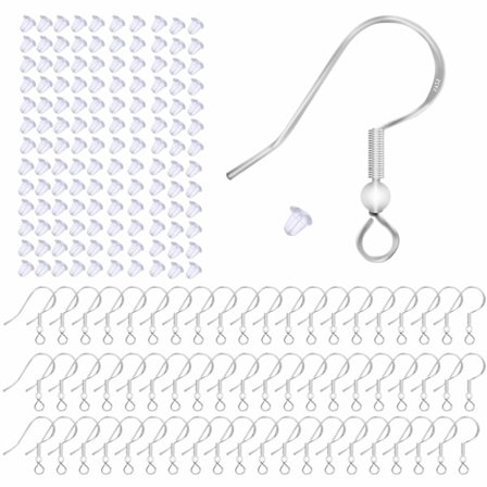 100 stk 925 Sterling Sølv Øredobber Kroker, Øredobb Tilbehør Allergivennlige Smykkekroker DIY Ørekroker Med 100 Transparente Gummi Smykkefunn