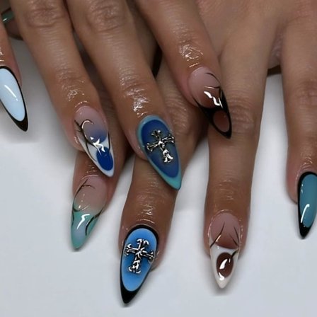 24 st Franska Lösnaglar Medium Längd Mandelformade Falska Naglar Självhäftande Kors Gotiska Akryl Lösnaglar för Kvinnor