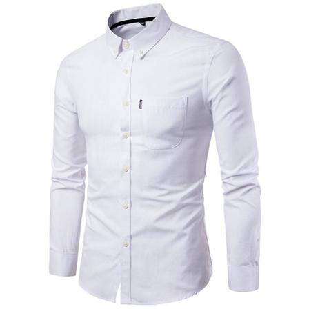 Herr enfärgad formell knappskjorta långärmad business slim fit skjorta casual toppar ficka White 2XL