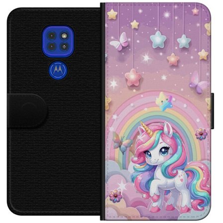 Kompatibel Tegnebogsetui til Motorola Moto G9 Play Magisk enhjørning med regnbue manke, stjerner og sommerfugle mod en pastelfarvet himmel med skyer