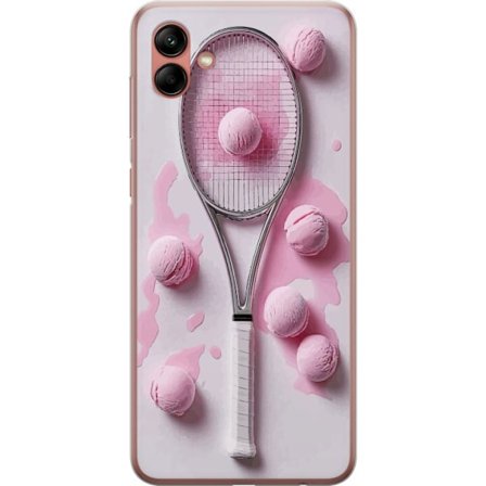 Kompatibelt Mobilskal till Samsung Samsung Galaxy A04 Rosa glasskulor och tennisrack i en kreativ stillbild med lekfull popkänsla och modern design s