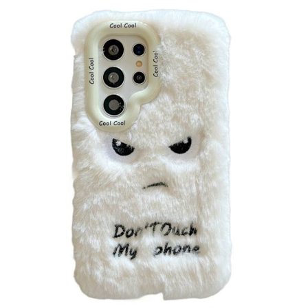 KJS-020 Samsung Galaxy S24 Ultra Case Lens Kickstand Humorous Face Warm Fluffy Flexible Phone Cover - White