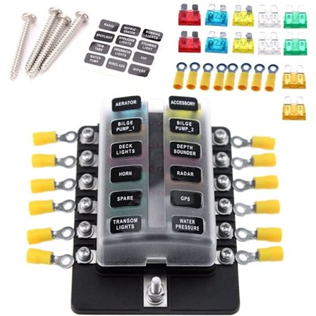 /EA/12-vejs bladsikringsboks, sikringsblok med rød LED-indikator, 10 sikringer, 10 bilterminaler, båd, campingvogn, 12 V 24 V lastbil