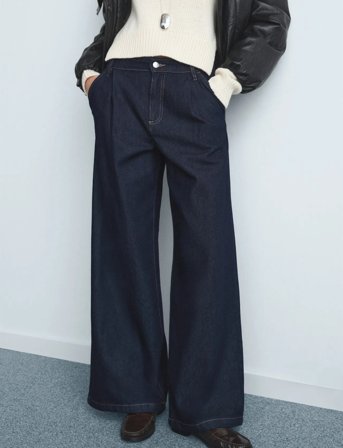 Mango Wide-Leg Pleated Jeans - Navy - 40