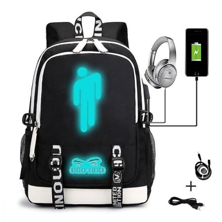 Billie Eilish Billie Eilish mønster USB laderyggsekk Student Skoleveske Utendørs Skulder Skoleveske