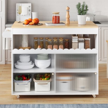 Hopfällbar köksö-vagn (122x46x91cm) med bänkskiva i ek, skjutbara glasdörrar, justerbara hyllor & handdukshängare