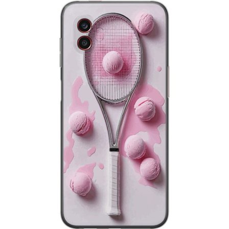 Kompatibel Mobilcover til Samsung Samsung Galaxy Xcover6 Pro Rosa glaskugler og tennisketsjer i et kreativt stillbillede med legende popfølelse og mo