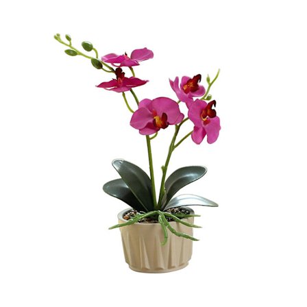 Konstgjord Phalaenopsis orkidéblomma med naturtrogna blad i dekorativa krukor