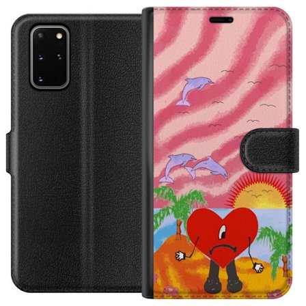 Kompatibelt Lommeboketui til Samsung Galaxy S20+ Bad Bunny i en fargerik quiltet jakke med hjertemønster og solbriller i moderne gatestil