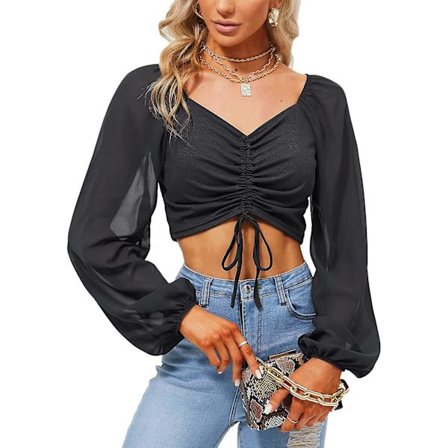 Kvinnor Ribbade Långärmad Crop Top Kvadrat Hals Beskuren Topp Slim Korsett Topp Casual