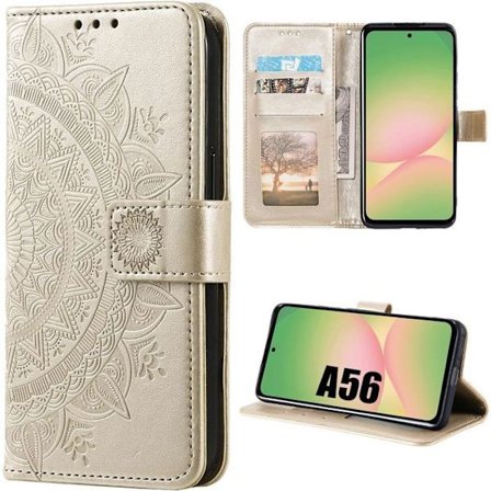 Cover til Samsung Galaxy A56 5G - BOOLING - Stødabsorberende - Syntetisk Læder - Mandala Mønster - Guld
