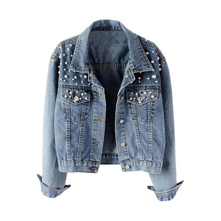 Dam Denimjacka Enfärgad Enkelknäppt Kort Ventilerande Varmhållande Pärldekor Långärmad Kofta Imitationspärla Höstkappa