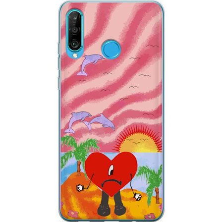 Kompatibelt Mobildeksel til Huawei P30 lite Bad Bunny i en fargerik quiltet jakke med hjertemønster og solbriller i moderne gatestil