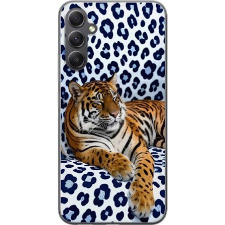 Samsung Galaxy A16 5G Gjennomsiktig deksel Tiger Chill motiv med avslappet tiger som hviler mot hvitblå mønstret bakgrunn i moderne stil