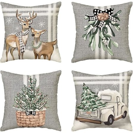 Juletræ Rensdyr Lastbil Striber Grå Pudebetræk, 18 X 18 Tommer Vinterferie Pudebetræk Dekoration Til Sofa Sofa Sæt Af 4