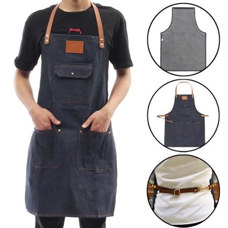 Denim Kitchen Apron with Adjustable Leather Straps - Chef - Sommelier - Bakery - Hotel