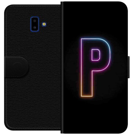 Kompatibel Tegnebogsetui til Samsung Samsung Galaxy J6+ Minimalistisk neonbogstav P i farvegradient og lyseffekt mod sort baggrund i digital neonstil