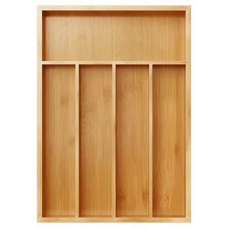 Bestikorganisator i bambus til køkkenskuffe, opbevaringsbakke til redskaber og bestik