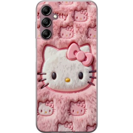 Kompatibel Mobilcover til Samsung Galaxy A14 5G Hello Kitty lyserød fluffy baggrund med ikonisk ansigt og kawaii-æstetik